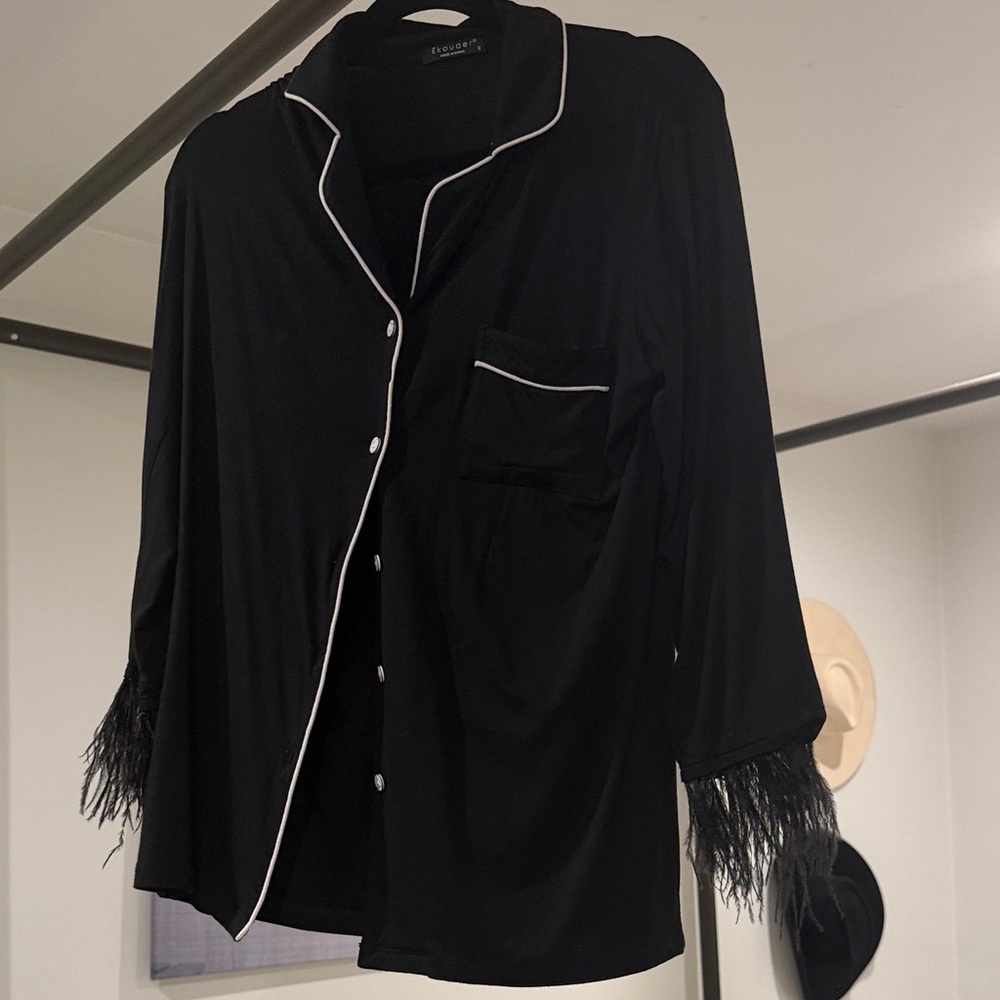 Black Button-Up Pajamas with White Trim and Feather Cuffs